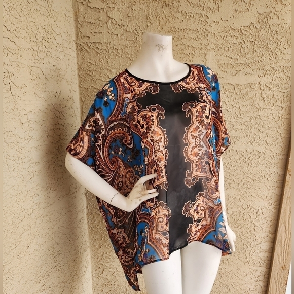 Carmen Carmen Marc Valvo Black, Blue, and Orange See Through Floral Print Flowy - Picture 4 of 8